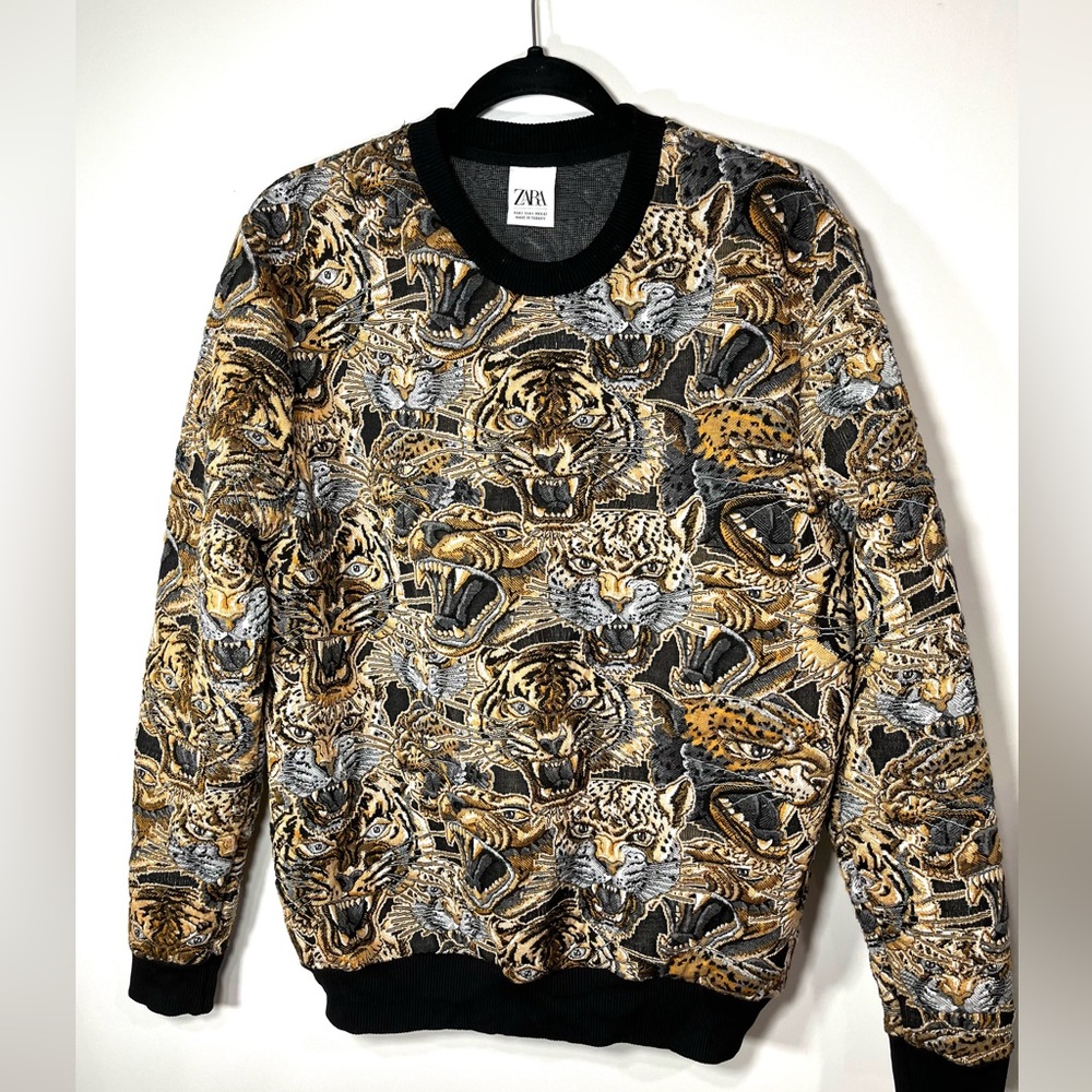 Zara Tiger Big Cats Jacquard Tapestry Sweater Crewneck Large Jungle Cheetah